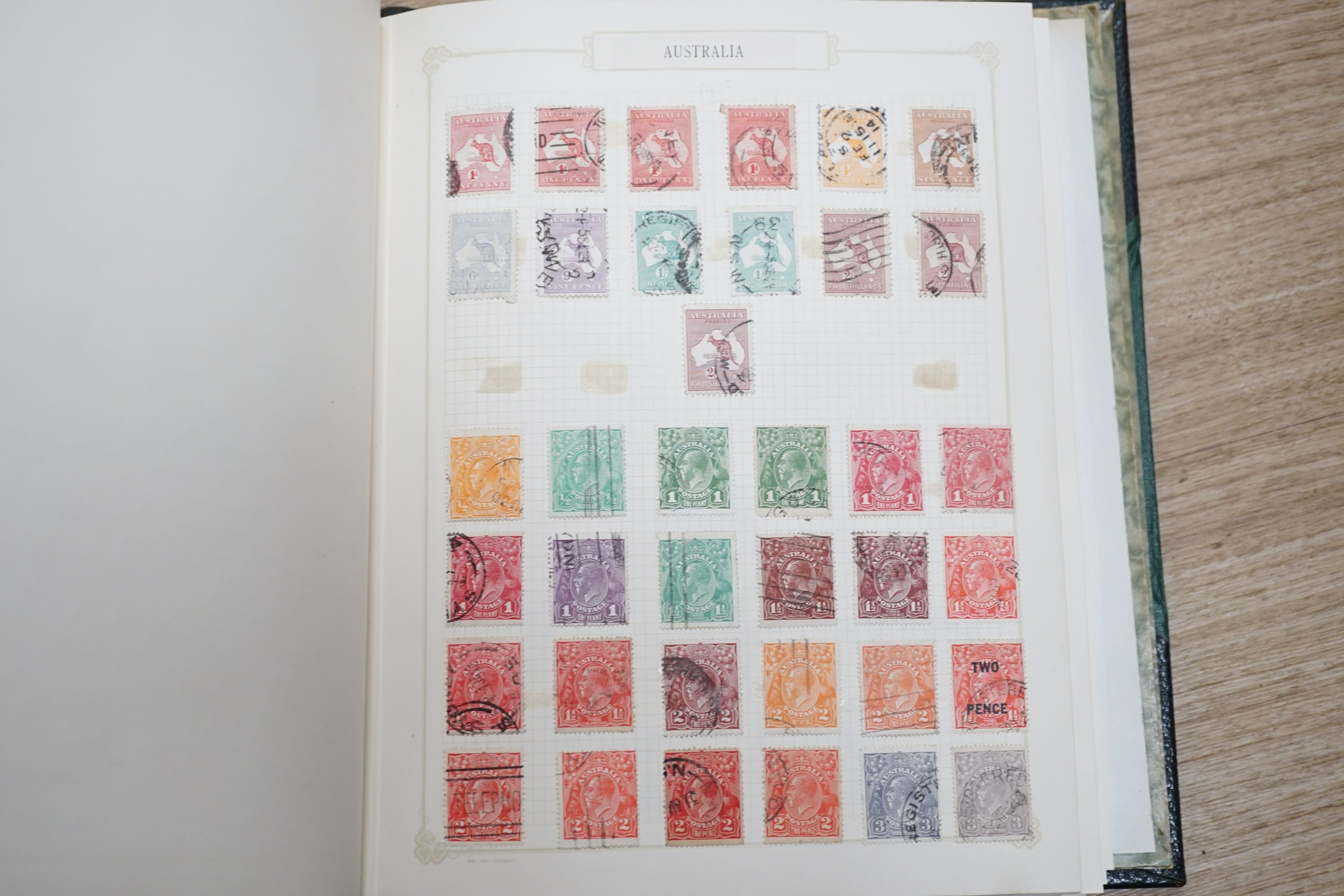 Album world stamps with Bechuanaland 1932 set - 10sh. mint, Bermuda, Falkland Is. 1938 set - £1 mint, G.B. 1d reds, Leeward Is. 1890- 5sh. mint, Swaziland 1933 set -10sh. mint, Virgin Is. German Colonies